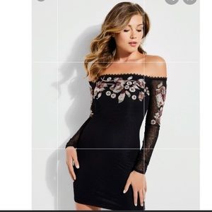 Guess black sheer Mesh Swiss dot embroidery Floral off shoulder mini dress S